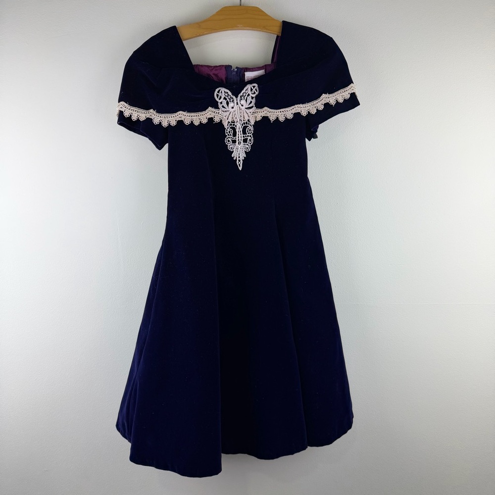 Vintage Nicole Navy Velvet Dress Lace Trim Short Sleeve Party 10
